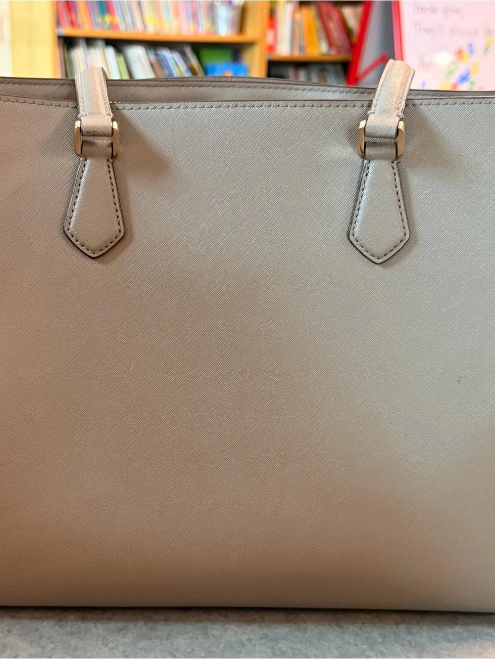 Tory Burch Taupe Saffiano Tote with Gold Logo Charm